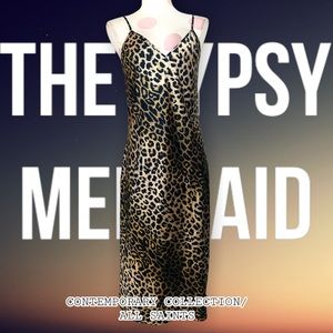 All Saints Hera leppo Leopard Print Satin Midi Slip Dress Size Medium